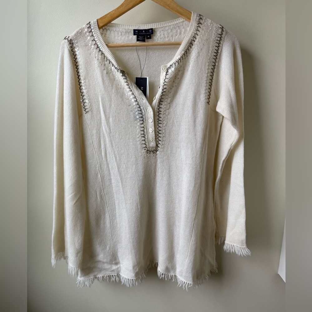 NWT MAGASCHONI 100%‎ Cashmere Henley Sweater Beaded Sequins Boho Fringe Soft M